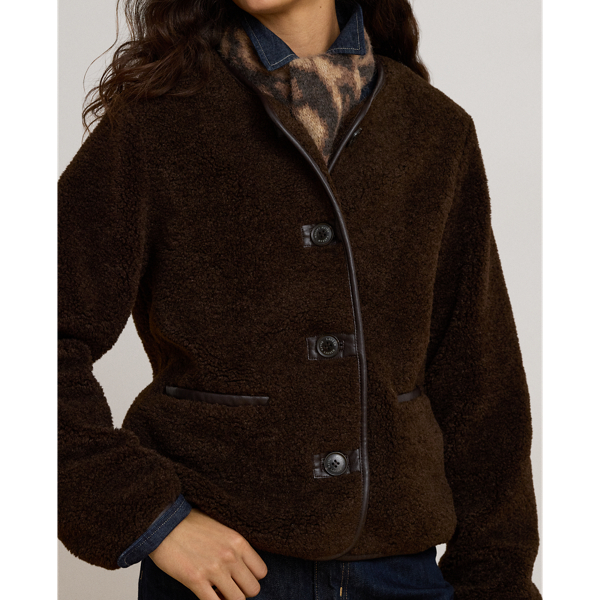 Faux-Leather-Trim Faux-Fur Teddy Coat