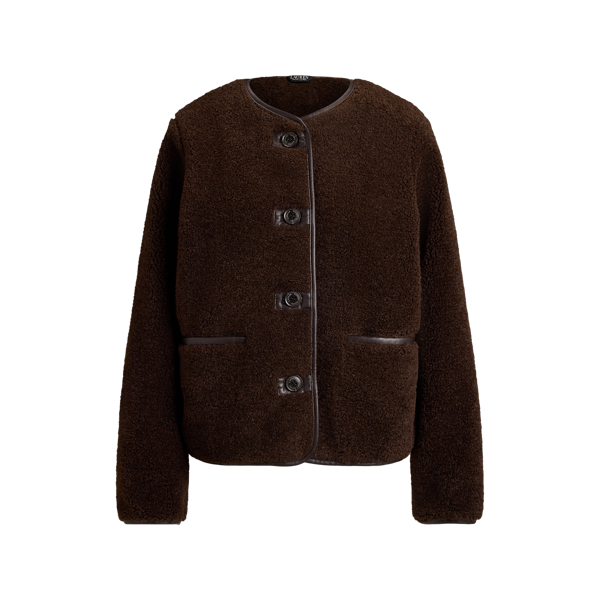 Faux-Leather-Trim Faux-Fur Teddy Coat