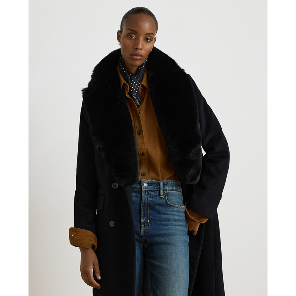 Faux-Fur-Trim Double-Breasted Coat