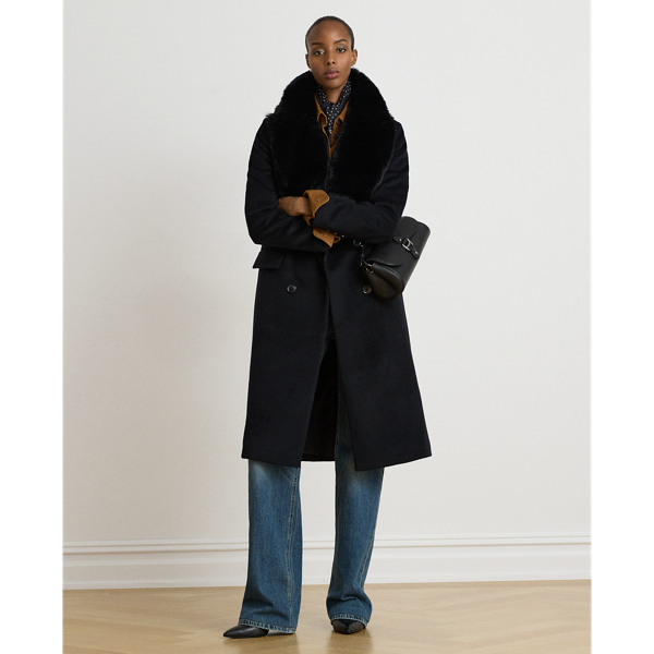 Faux-Fur-Trim Double-Breasted Coat
