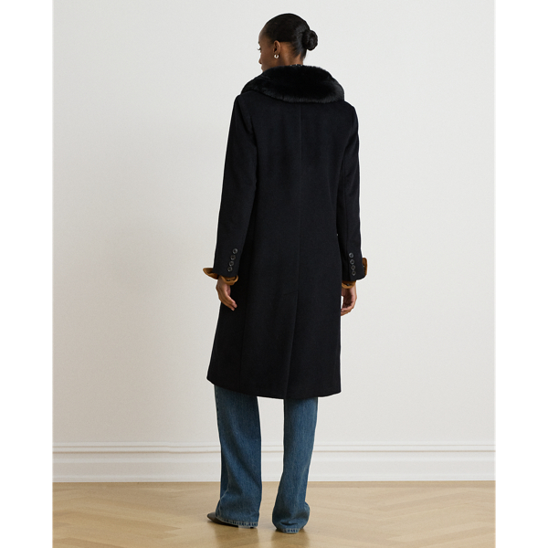 Faux-Fur-Trim Double-Breasted Coat