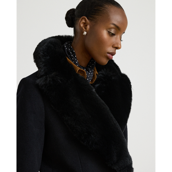Faux-Fur-Trim Double-Breasted Coat