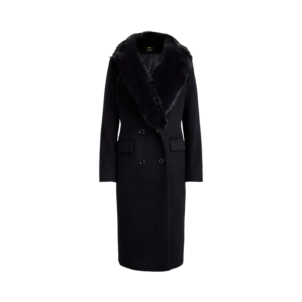 Faux-Fur-Trim Double-Breasted Coat