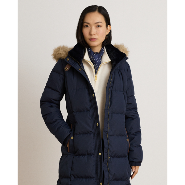 Faux-Fur-Trim Quilted Hooded Down Coat