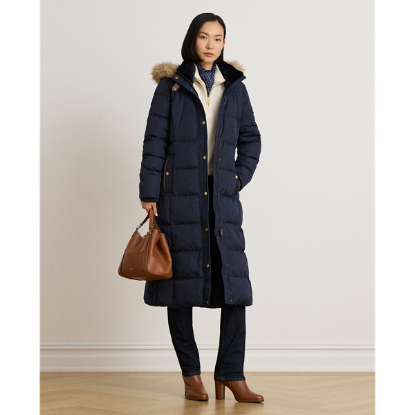 Faux-Fur-Trim Quilted Hooded Down Coat