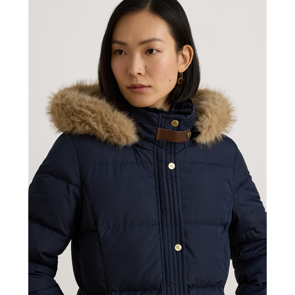 Faux-Fur-Trim Quilted Hooded Down Coat