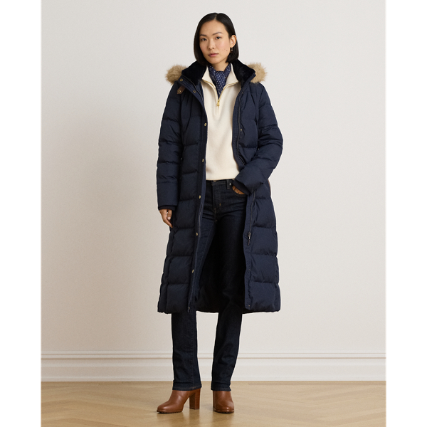 Faux-Fur-Trim Quilted Hooded Down Coat