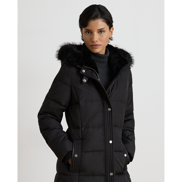 Faux-Fur-Trim Quilted Hooded Down Coat