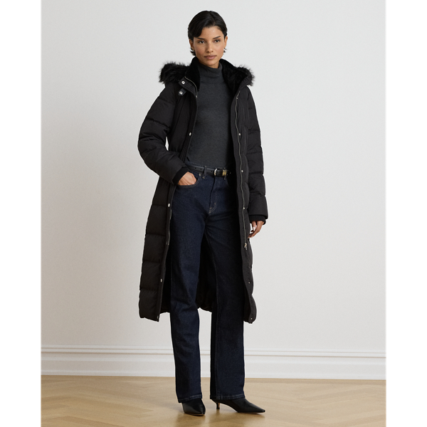Faux-Fur-Trim Quilted Hooded Down Coat