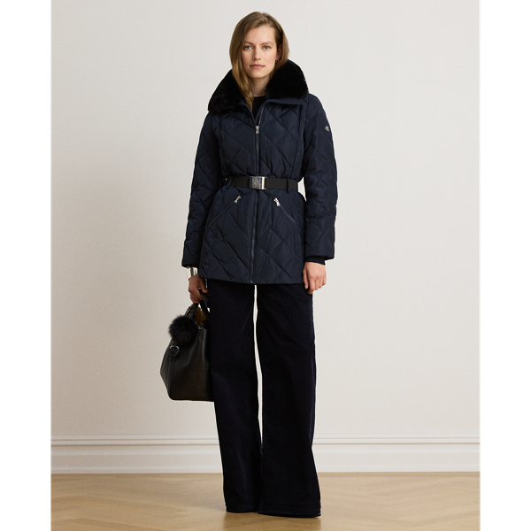Faux Fur-Trim Diamond-Quilted Down Coat