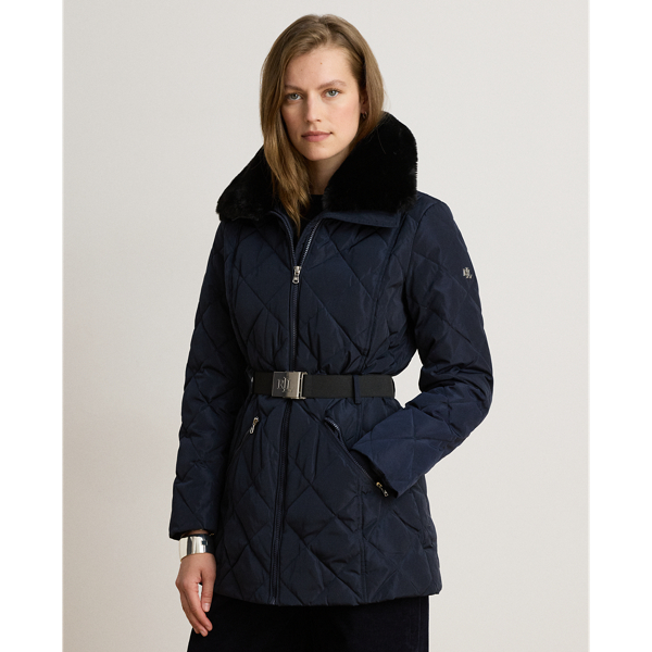 Faux Fur-Trim Diamond-Quilted Down Coat