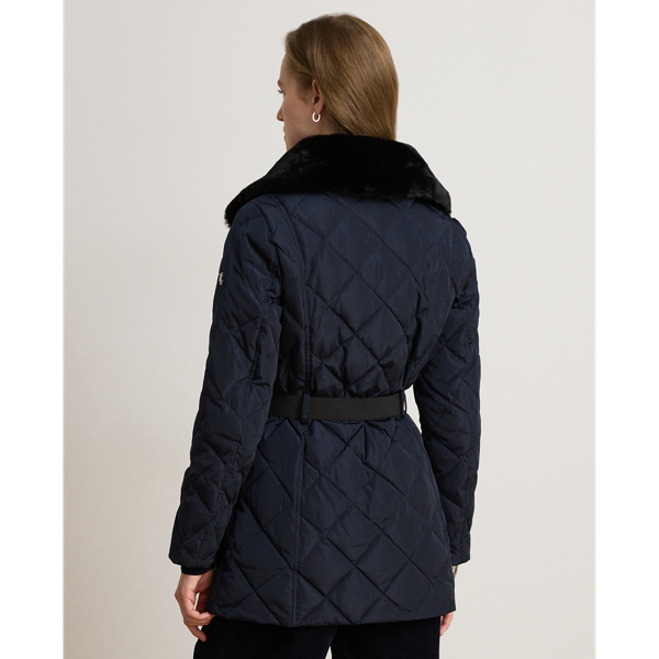Faux Fur-Trim Diamond-Quilted Down Coat