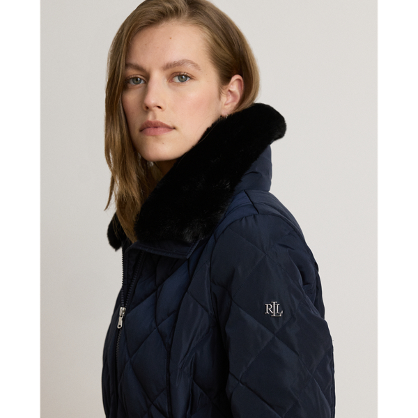 Faux Fur-Trim Diamond-Quilted Down Coat