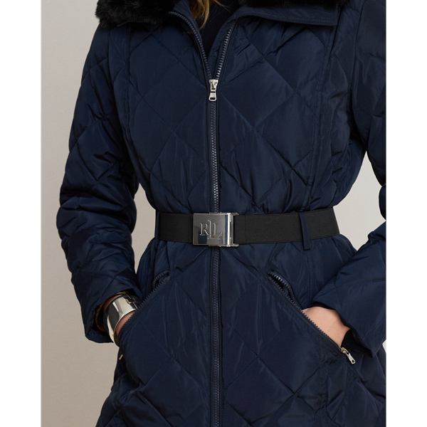 Faux Fur-Trim Diamond-Quilted Down Coat