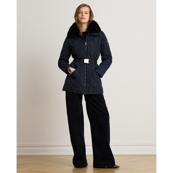 Faux Fur-Trim Diamond-Quilted Down Coat