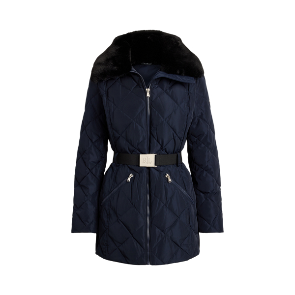 Faux Fur-Trim Diamond-Quilted Down Coat