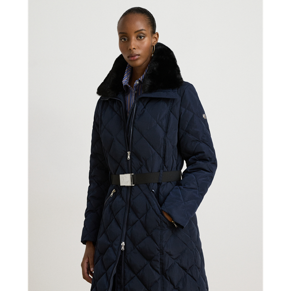 Faux-Fur-Trim Belted Quilted Down Coat