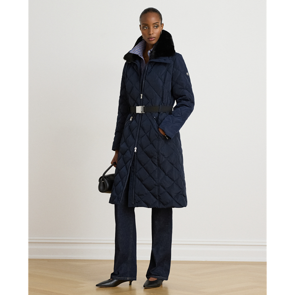 Faux-Fur-Trim Belted Quilted Down Coat