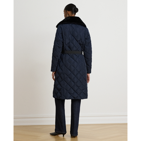 Faux-Fur-Trim Belted Quilted Down Coat