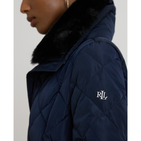 Faux-Fur-Trim Belted Quilted Down Coat