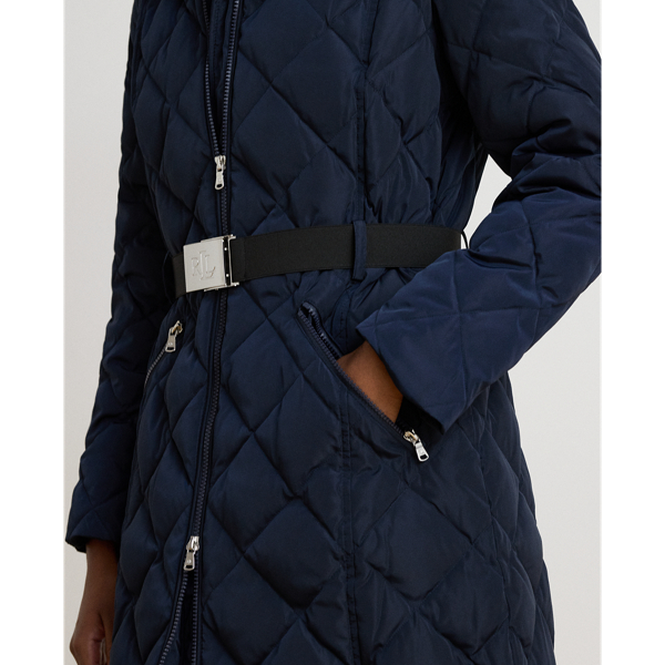 Faux-Fur-Trim Belted Quilted Down Coat
