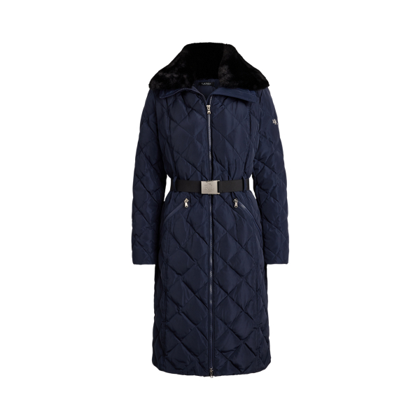 Faux-Fur-Trim Belted Quilted Down Coat