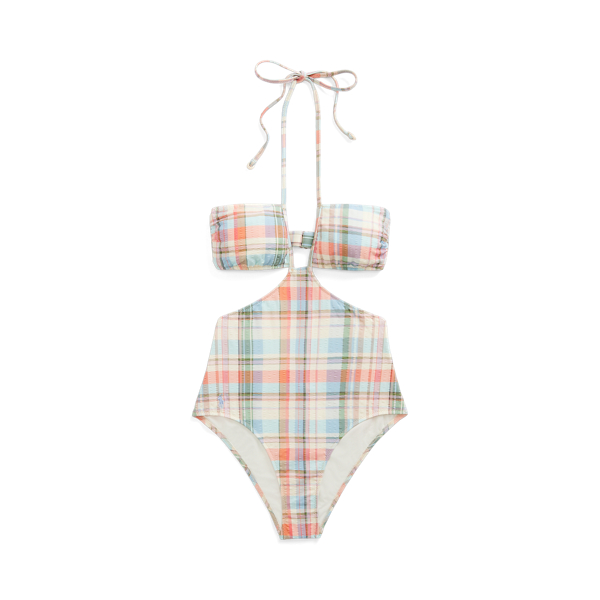 Plaid One-Piece Halter Swimsuit