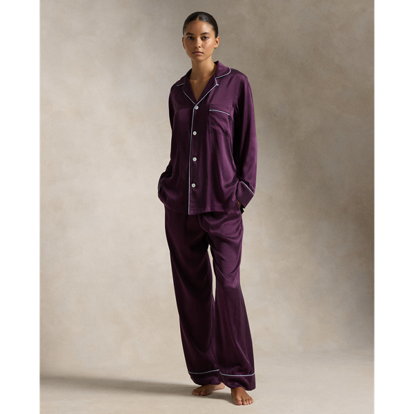 Aubergine Stretch Silk Long-Sleeve Pajama Set Polo Ralph Lauren 1