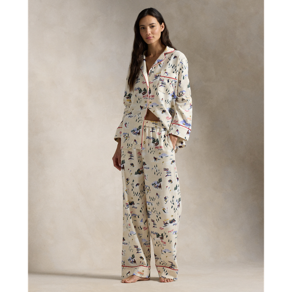 Ski Motif Cotton Long Sleeve Pyjama Set for Women Ralph Lauren UK