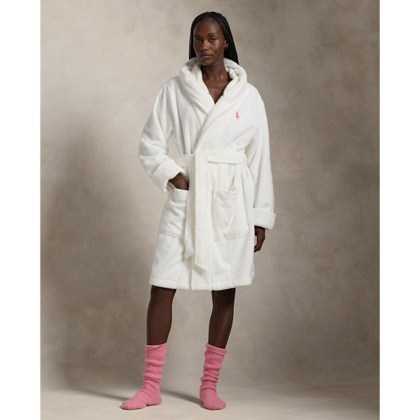 White Cloud Pink Pony Cotton Terry Hooded Robe Polo Ralph Lauren 1