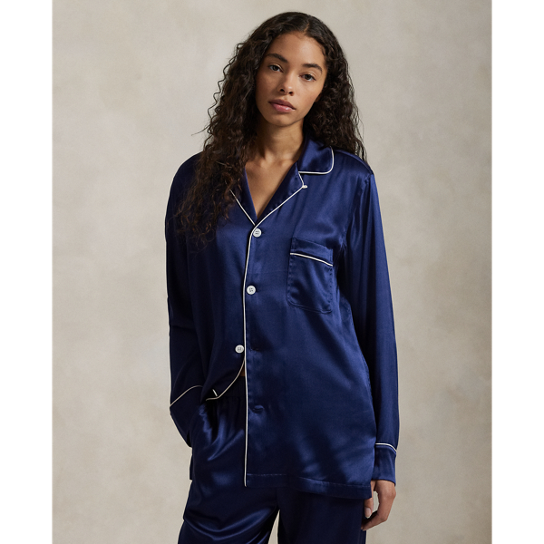 Navy Silk-Blend Shirt & Pant PJ Set Polo Ralph Lauren 3