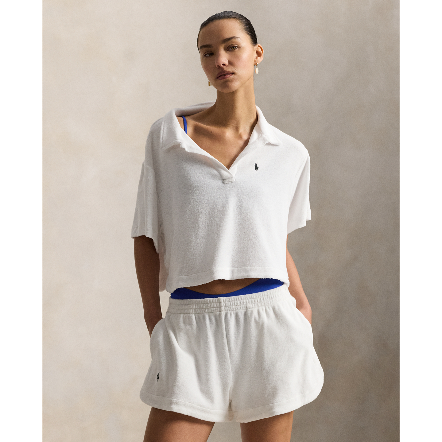 Женские купальники Ralph Lauren Terry Polo Shirt & Short Cover-Up Set, цвет: Белый — фото 1