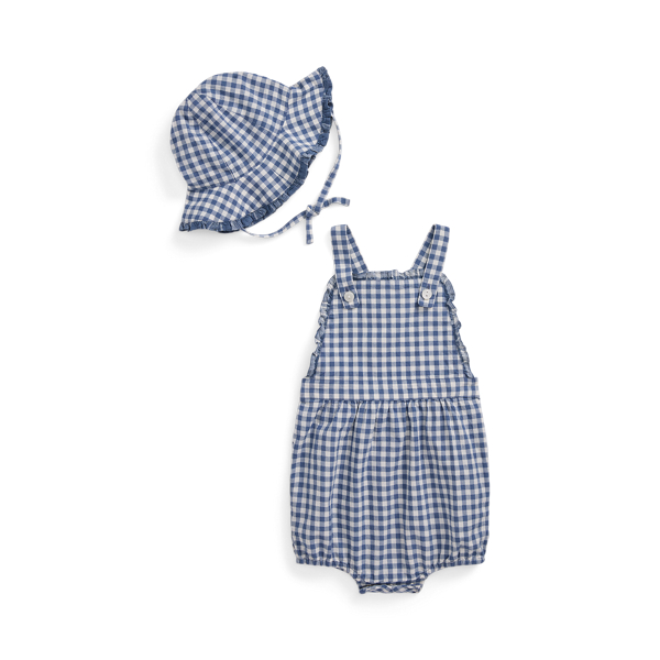 Gingham Madras Bubble Shortall &amp; Hat Set Baby Girl 1