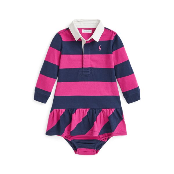 Newport Navy/College Pink Striped Cotton Rugby Dress & Bloomer Baby Girl 1