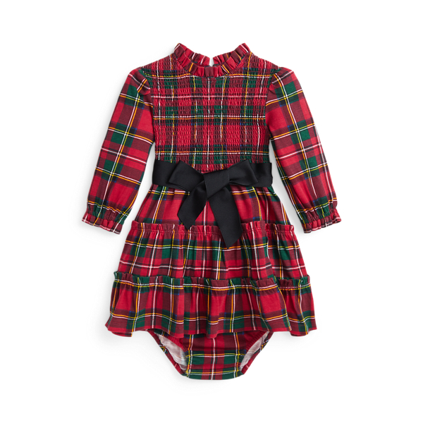 Red Steward Tartan Plaid Smocked Cotton Dress & Bloomer Baby Girl 1