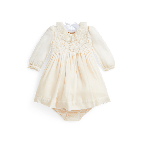 Cream Hand-Smocked Velvet Dress & Bloomer Baby Girl 1