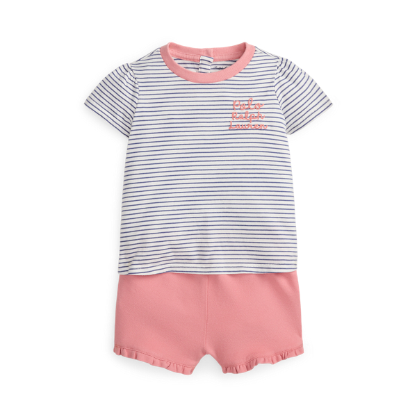 ストライプド コットン Tシャツ & メッシュ ショートパンツ セット