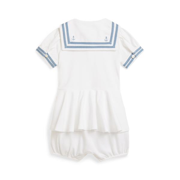 White Stretch Mesh Peplum Sailor Shortall Baby Girl 2