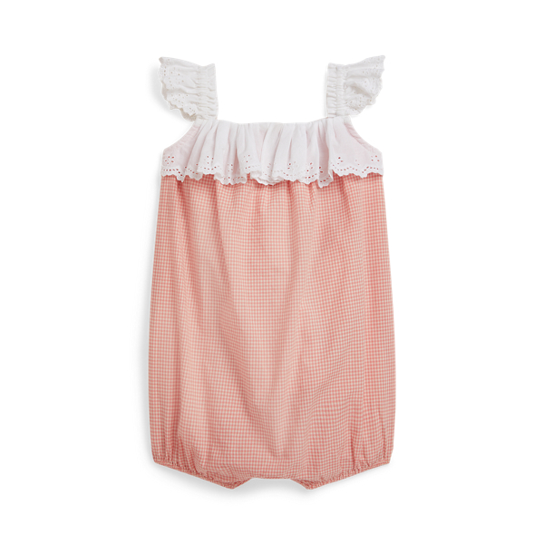 Pink/Cream Eyelet Cotton Madras Bubble Shortall Baby Girl 2