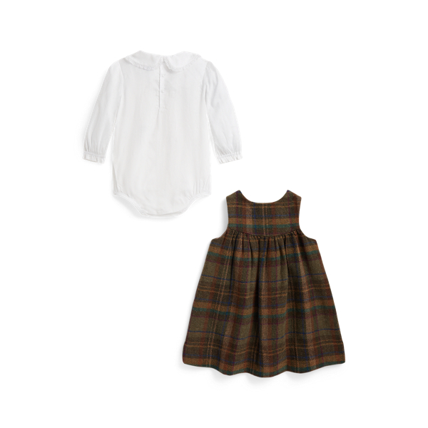 Cotton Bodysuit & Wool-Blend Plaid Dress