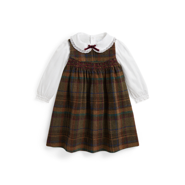 Cotton Bodysuit & Wool-Blend Plaid Dress