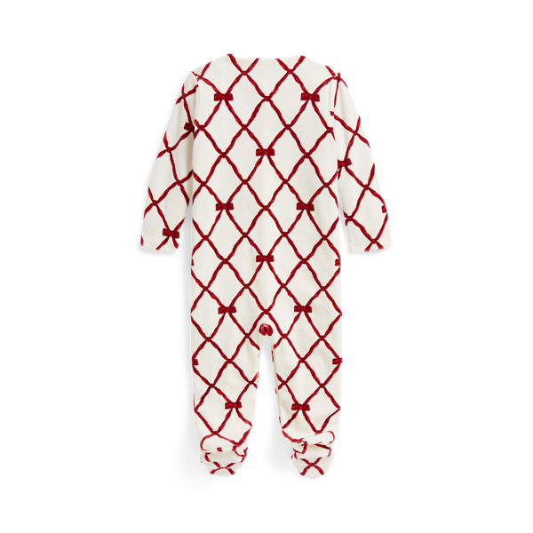 Ribbon-Print Velour Footed Coverall