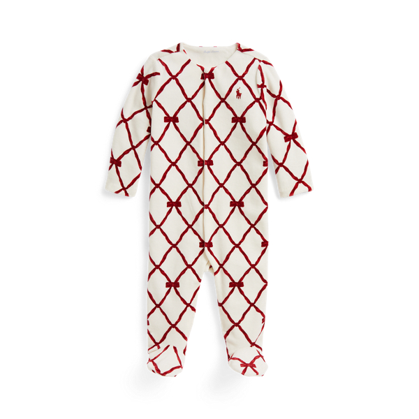 Ribbon-Print Velour Footed Coverall