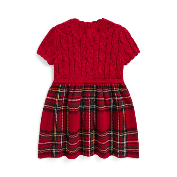 Plaid-Skirt Cable Cotton Sweater Dress