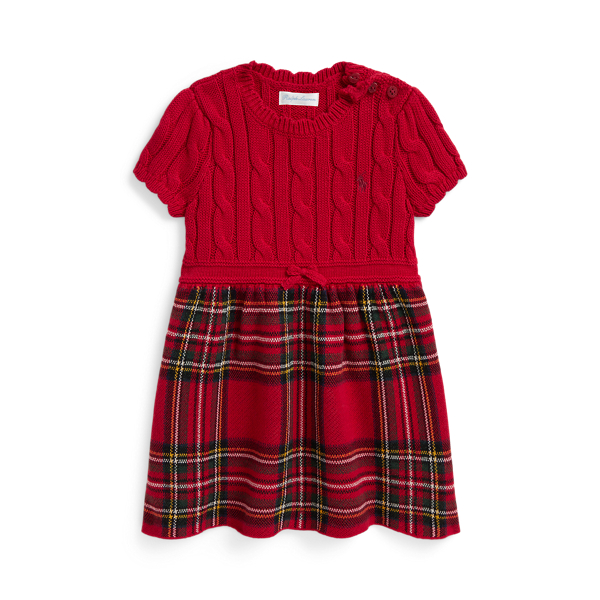 Plaid-Skirt Cable Cotton Sweater Dress