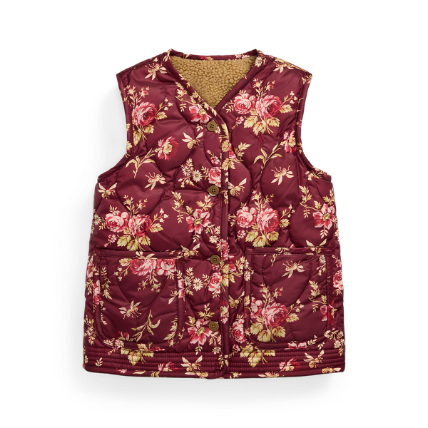 Hylands Floral Dark Beige Quilted Teddy Fleece Reversible Vest Girls 2-6x 1