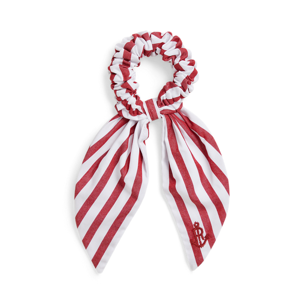 White Red Striped Cotton Poplin Ribbon Scrunchie Girls 1