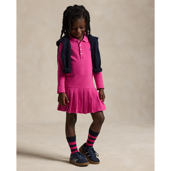 College Pink W/Navy Pleated Stretch Mesh Polo Dress Girls 2-6x 1