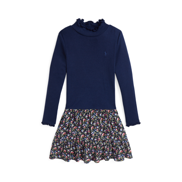 Floral-Woven-Skirt Roll Neck Dress