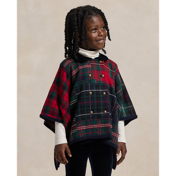 Rl Navy Multi Patchwork Plaid Wool Poncho Girls 2-6x 1